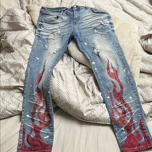 Men's Skinny Light Blue Distressed Jeans with Red Flame Accent